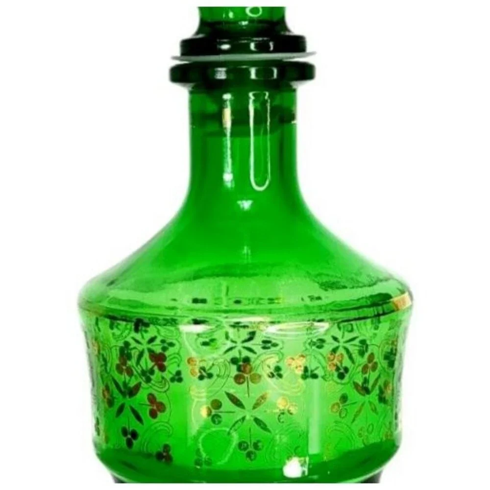 VTG MCM 60s JAY Emerald Green Glass Barware Liqueur Decanter 24kt Gold Clovers